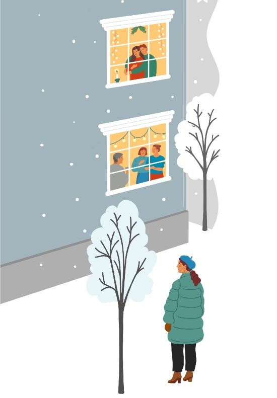 Yksin kadulla seisova ihminen katsoo taloa, jonka ikkunoista näkyy juhlivia ihmisiä ja pariskunta – kuva ilmentää yksinäisyyden tunnetta muiden yhteisyyden keskellä.