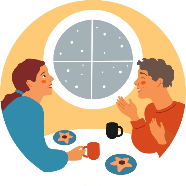 Kaksi ihmistä syö joulutorttuja ja juo glögiä sisällä – lämmin hetki yhdessä muistuttaa, miten yhteys toisiin voi lievittää yksinäisyyttä.